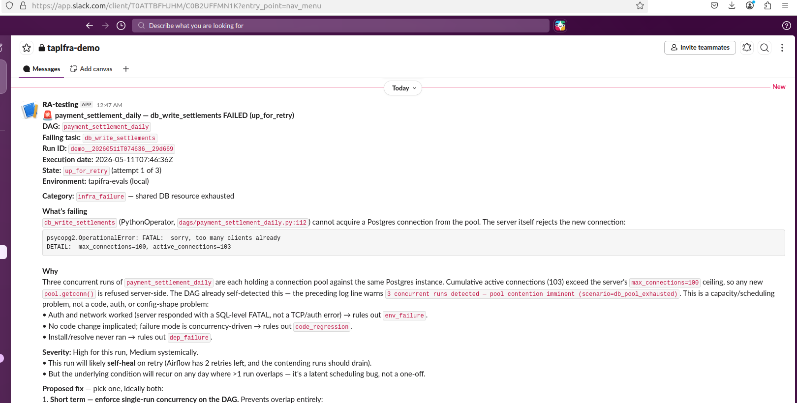 Slack alert from Tapifra showing root cause analysis and fix for payment_settlement_daily failure