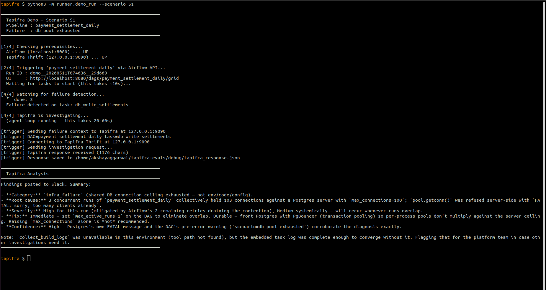 Terminal output showing Tapifra investigating and returning root cause analysis